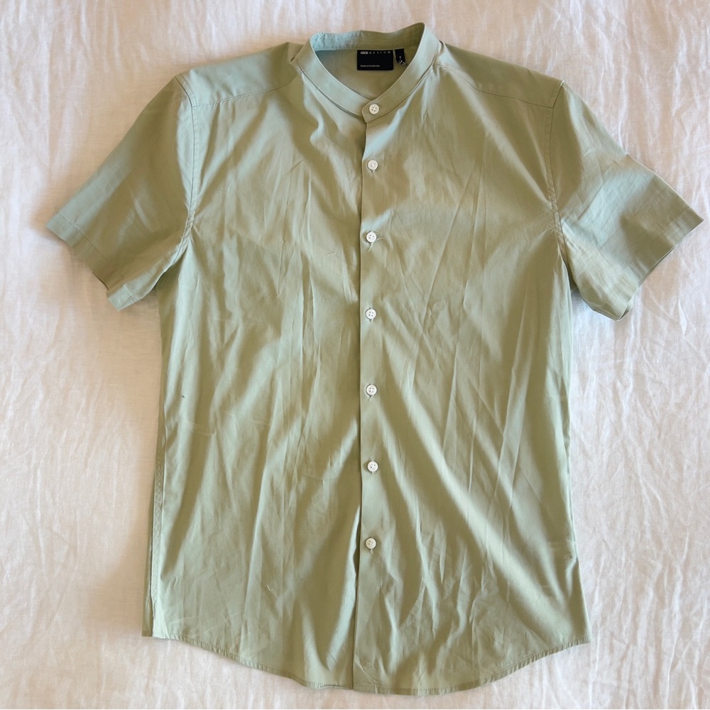 ASOS Short sleeve button down skinny shirt with grandad collar in sage green